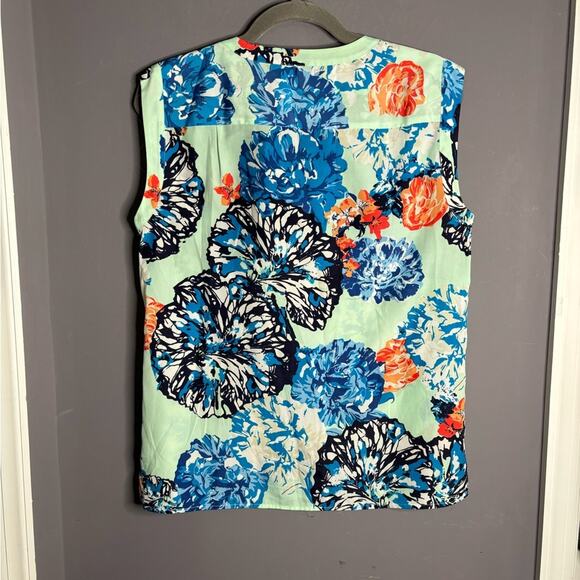J. Crew Blue and Green Floral Print Sleeveless Blouse Button Detail Size 6 - Picture 6 of 7